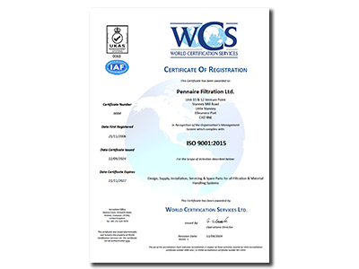 Pennaire Filtration UK AS ISO9001 Certificate