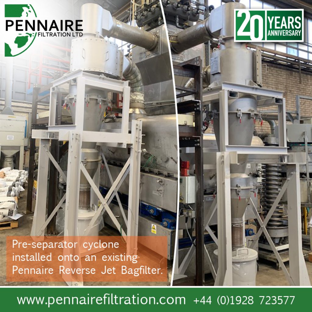 Pennaire have supplied and installed a pre-separator cyclone onto an existing Pennaire Reverse Jet Bagfilter for a high temperature drying application.