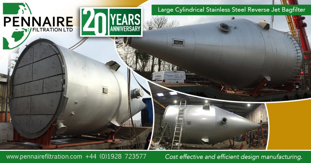 Large Cylindrical stainless steel reverse jet bagfilter lagged and clad, then delivered to our client in the UK.