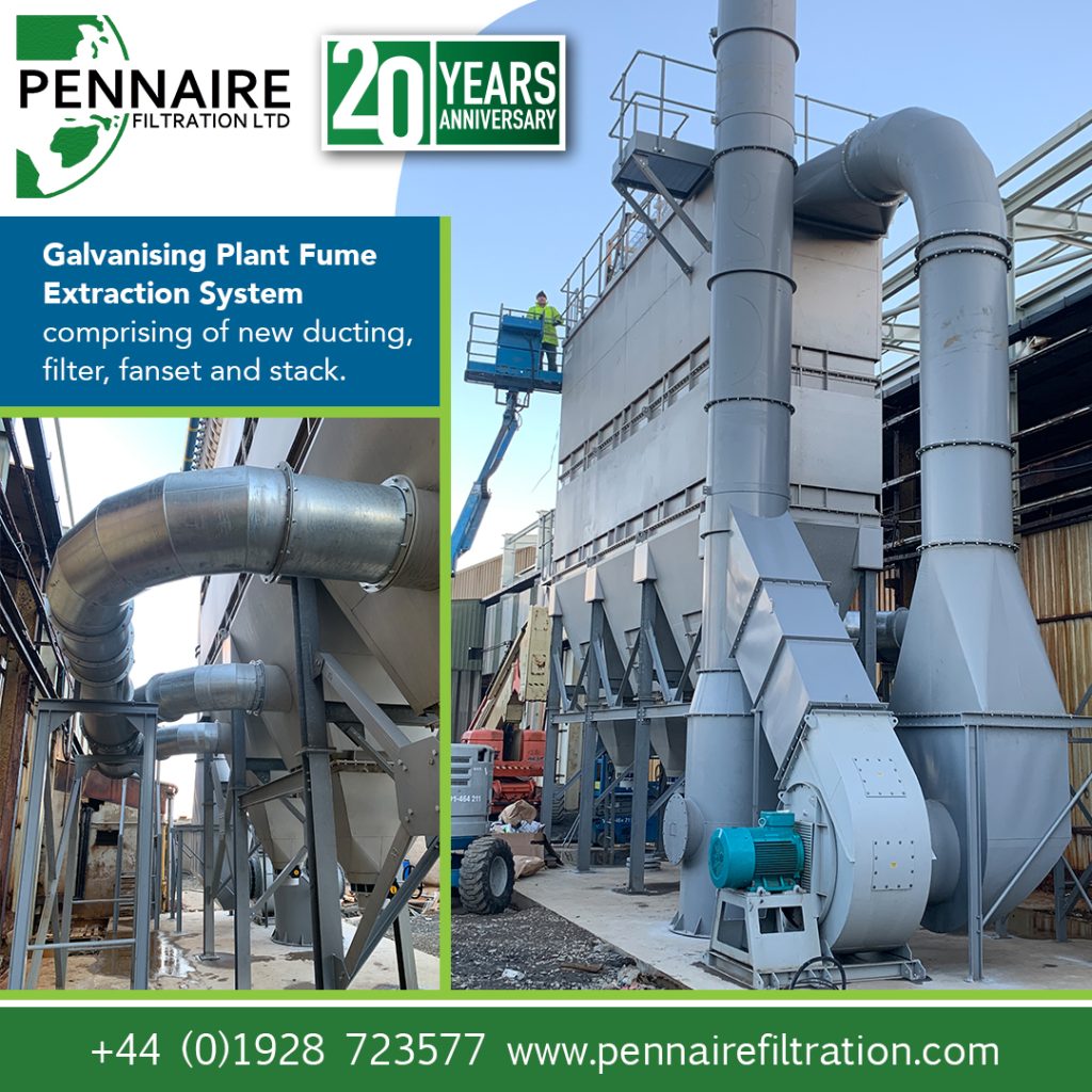 Pennaire have successfully installed and commissioned a new Galvanising plant fume extraction system comprising of new ducting, filter, fanset and stack.