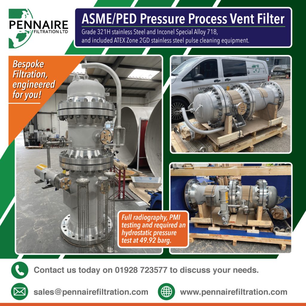t Pennaire Filtration, we’ve recently completed an ASME/PED Process Reverse Jet Vent filter for use in Anthracite production on a Chemical Processing Plant in Germany.